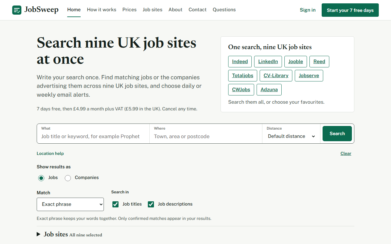 JobSweep front page: search nine UK job sites at once